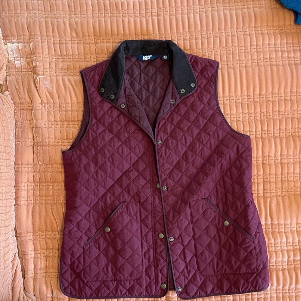 Lands' End Red Quilted Vest with Stand-Up Collar